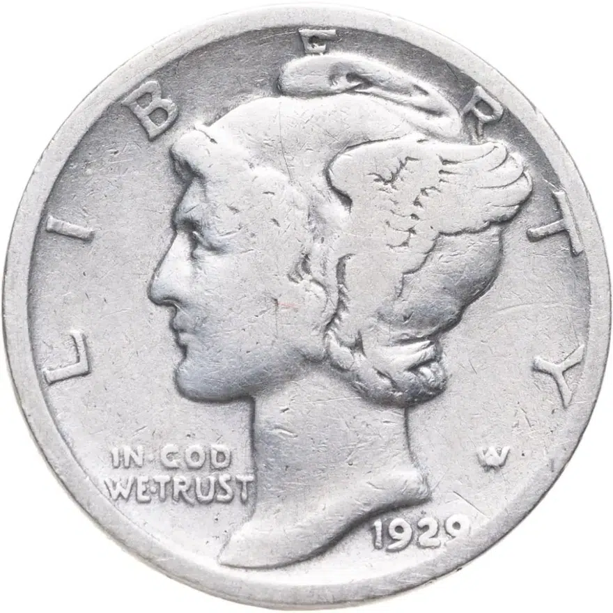 США 10 центов (дайм, one dime) 1929 Mercury Dime знак монетного двора: "D" - Денвер, аверс