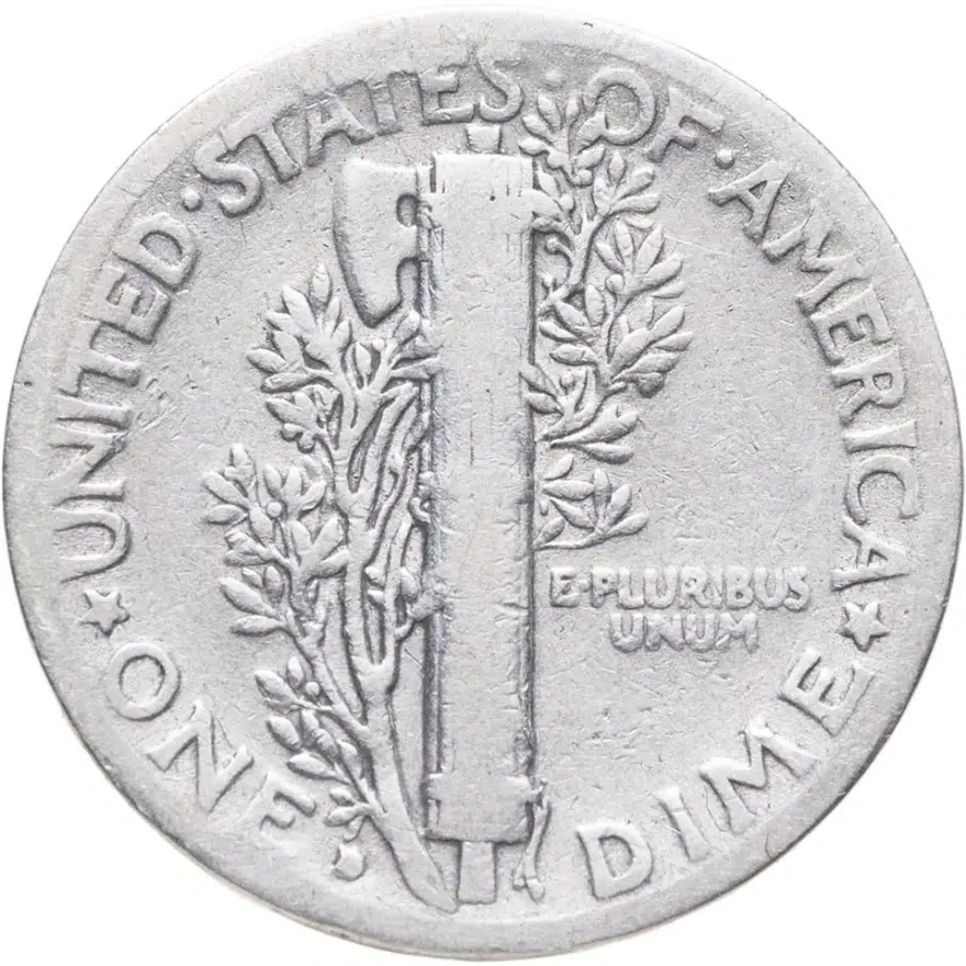 США 10 центов (дайм, one dime) 1929 Mercury Dime знак монетного двора: "D" - Денвер, реверс