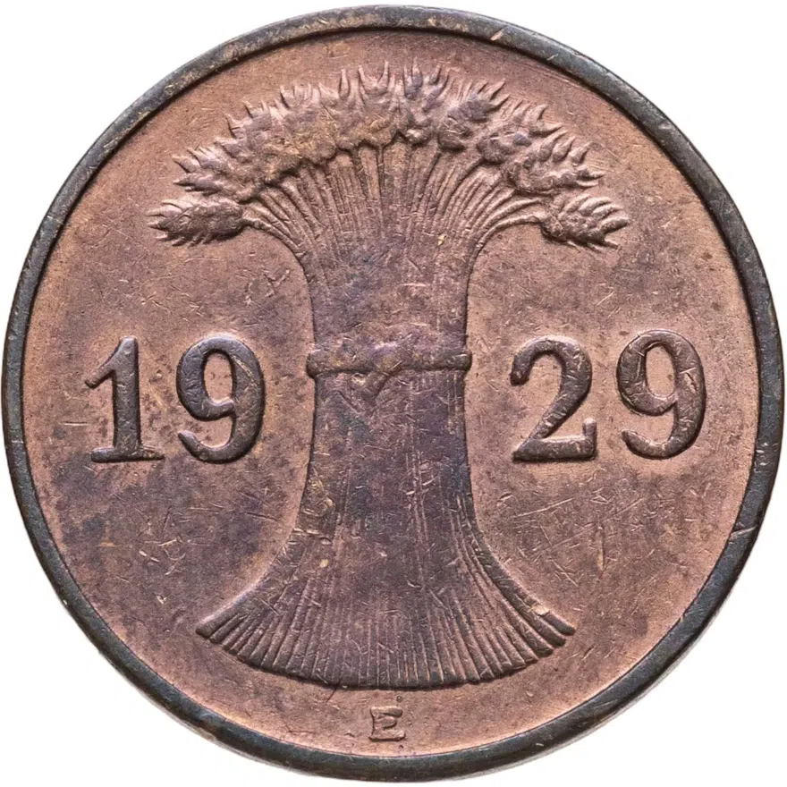Германия 1 рейхспфенниг (reichspfennig) 1929 E  знак монетного двора "E" — Мульденхюттен, реверс
