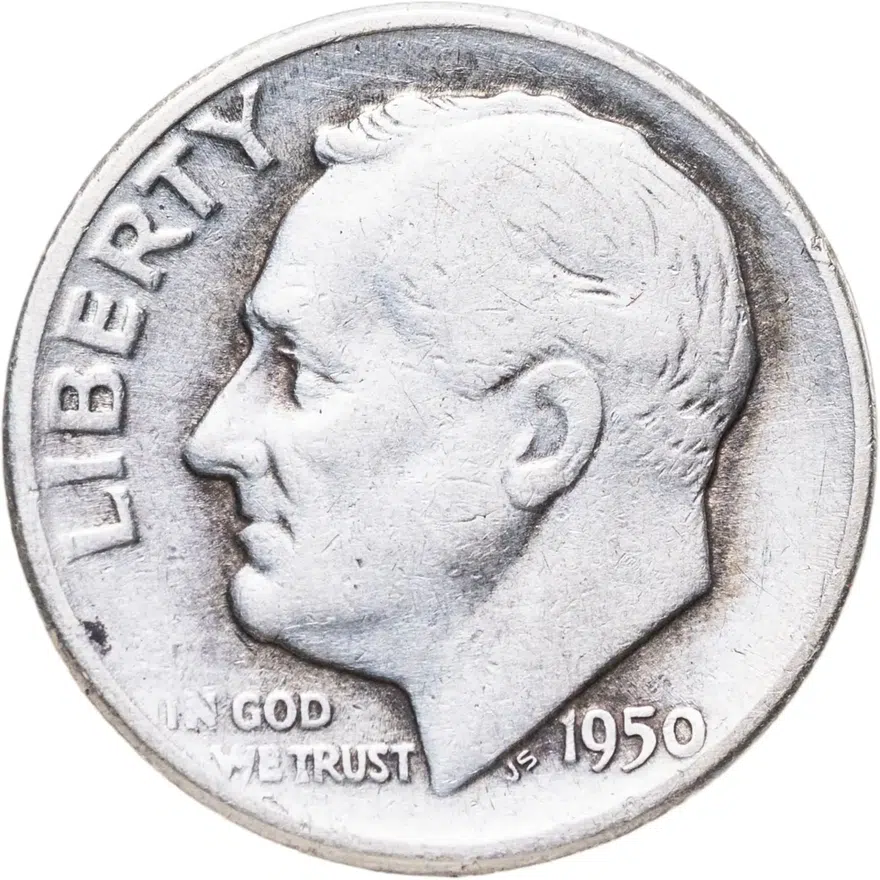 США 10 центов (дайм, one dime) 1950 D Silver Roosevelt Dime (Рузвельт) знак монетного двора "D" - Денвер, аверс