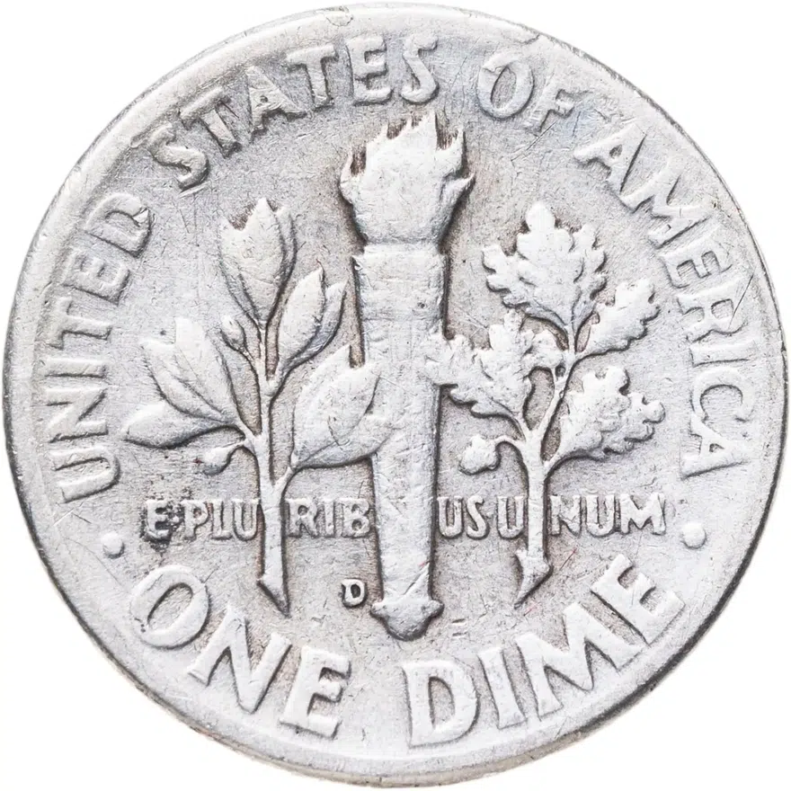 США 10 центов (дайм, one dime) 1950 D Silver Roosevelt Dime (Рузвельт) знак монетного двора "D" - Денвер, реверс