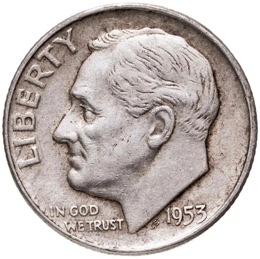 США 10 центов (дайм, one dime) 1953 D Silver Roosevelt Dime (Рузвельт) знак монетного двора "D" - Денвер, аверс