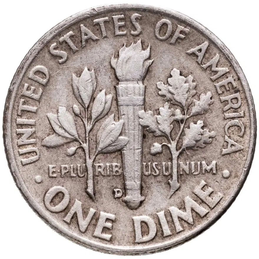 США 10 центов (дайм, one dime) 1953 D Silver Roosevelt Dime (Рузвельт) знак монетного двора "D" - Денвер, реверс