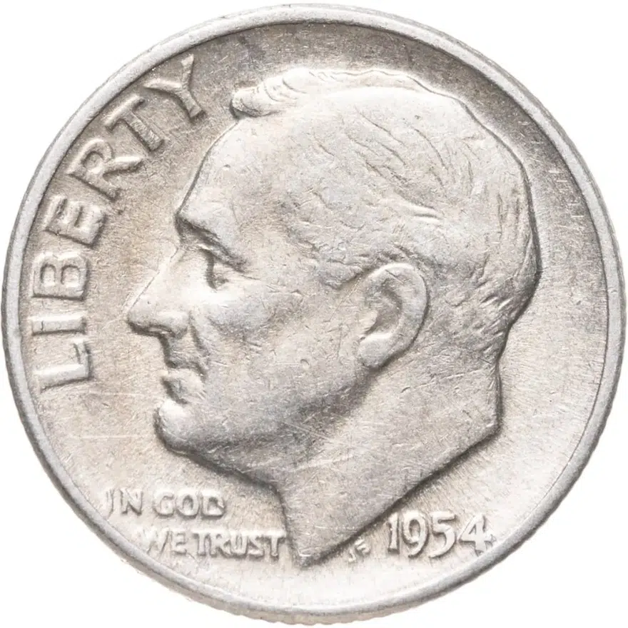 США 10 центов (дайм, one dime) 1954  Silver Roosevelt Dime (Рузвельт) без обозначения монетного двора