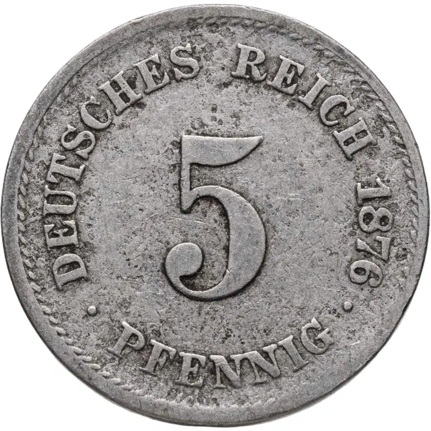 Германия 5 пфеннигов (pfennig) 1876 G  знак монетного двора: "G" - Карлсруэ