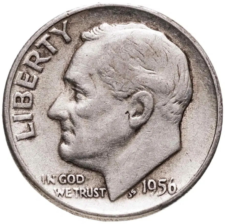 США 10 центов (дайм, one dime) 1956 Silver Roosevelt Dime (Рузвельт) без отметки монетного двора, аверс