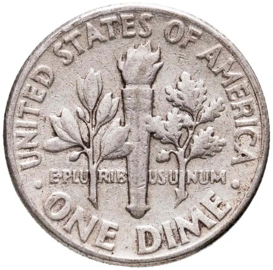 США 10 центов (дайм, one dime) 1956 Silver Roosevelt Dime (Рузвельт) без отметки монетного двора, реверс