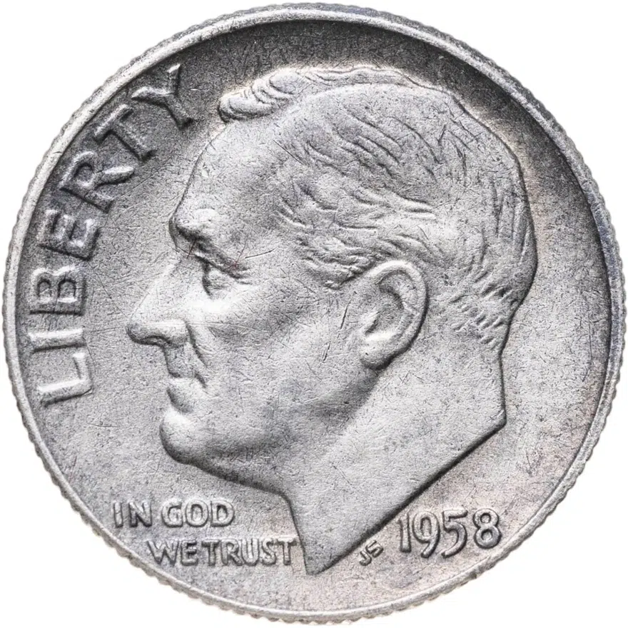США 10 центов (дайм, one dime) 1958  Silver Roosevelt Dime (Рузвельт) без обозначения монетного двора, аверс