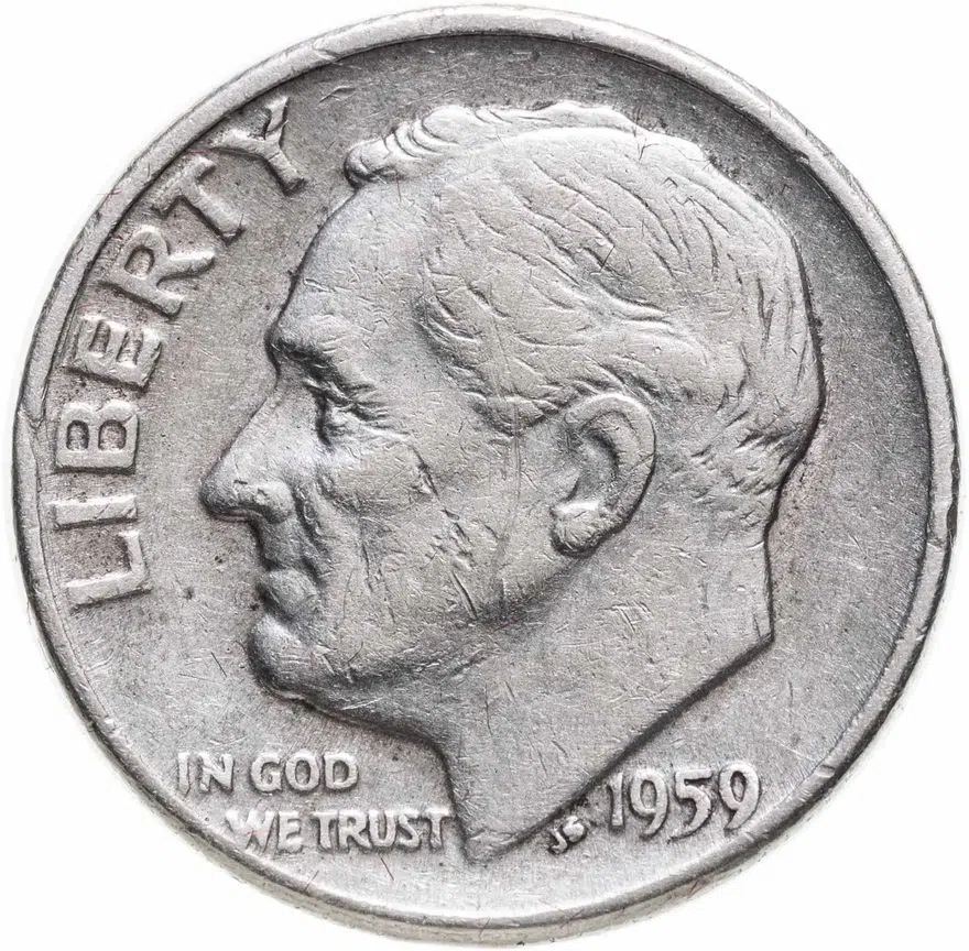 США 10 центов (дайм, one dime) 1959 знак монетного двора: "D" - Денвер
