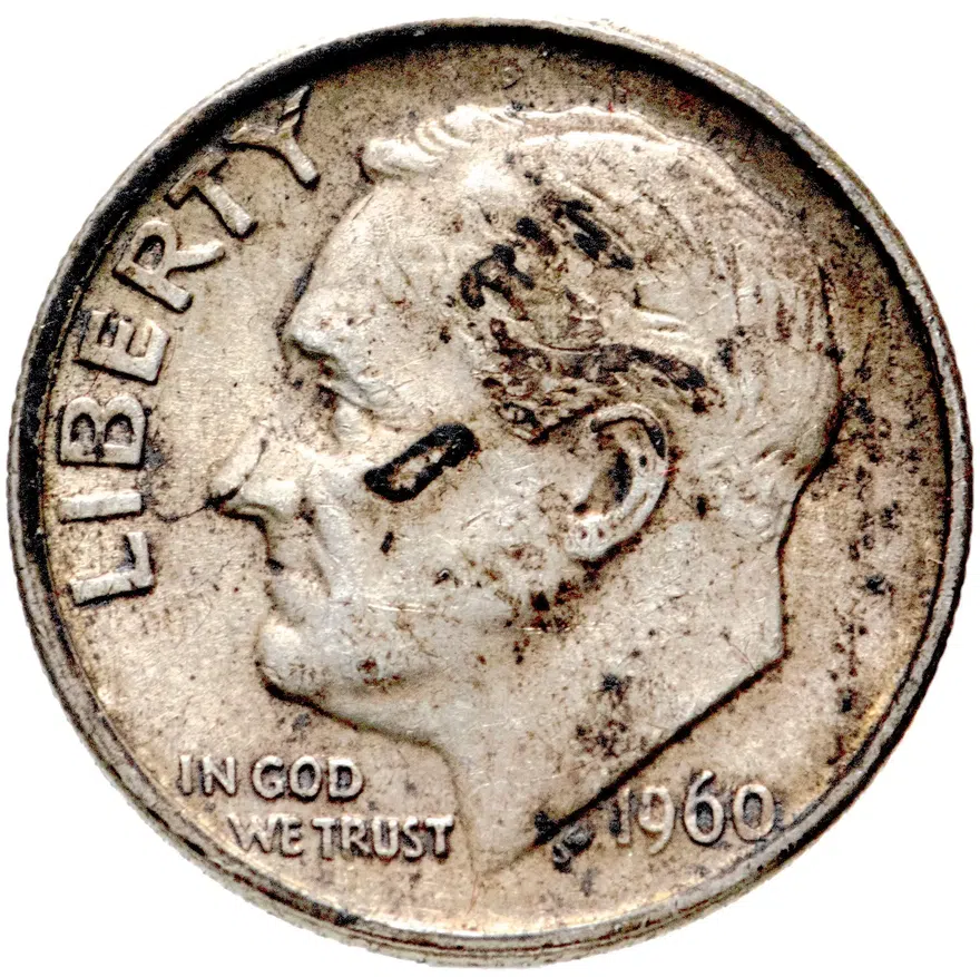 США 10 центов (дайм, one dime) 1960  Silver Roosevelt Dime (Рузвельт) без обозначения монетного двора, аверс