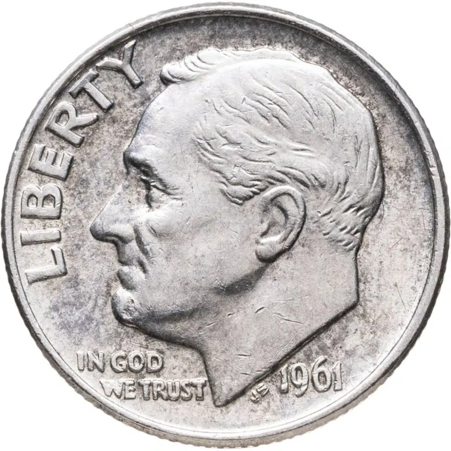 США  10 центов (дайм, one dime) 1961  Silver Roosevelt Dime (Рузвельт) без обозначения монетного двора, аверс