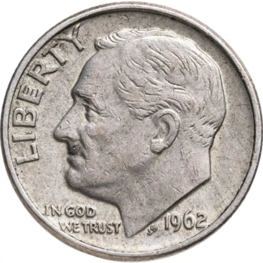 США 10 центов (дайм, one dime) 1962 D Silver Roosevelt Dime (Рузвельт) знак монетного двора "D" - Денвер, аверс