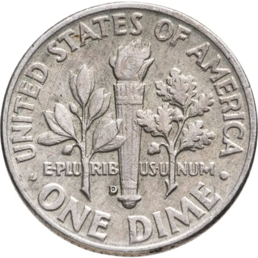 США 10 центов (дайм, one dime) 1962 D Silver Roosevelt Dime (Рузвельт) знак монетного двора "D" - Денвер, реверс