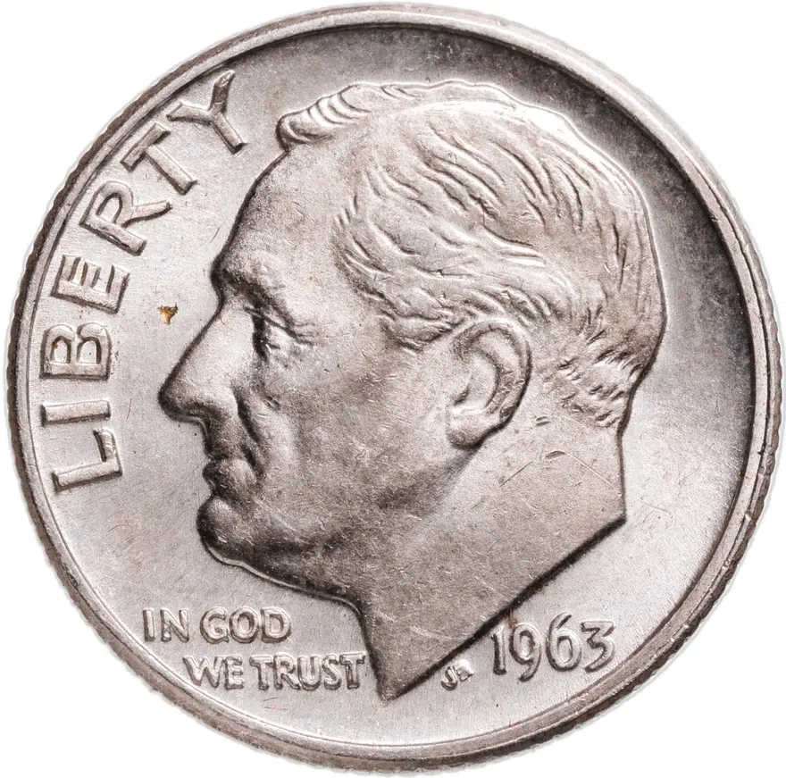 США 10 центов (дайм, one dime) 1963  Silver Roosevelt Dime (Рузвельт) без обозначения монетного двора, аверс