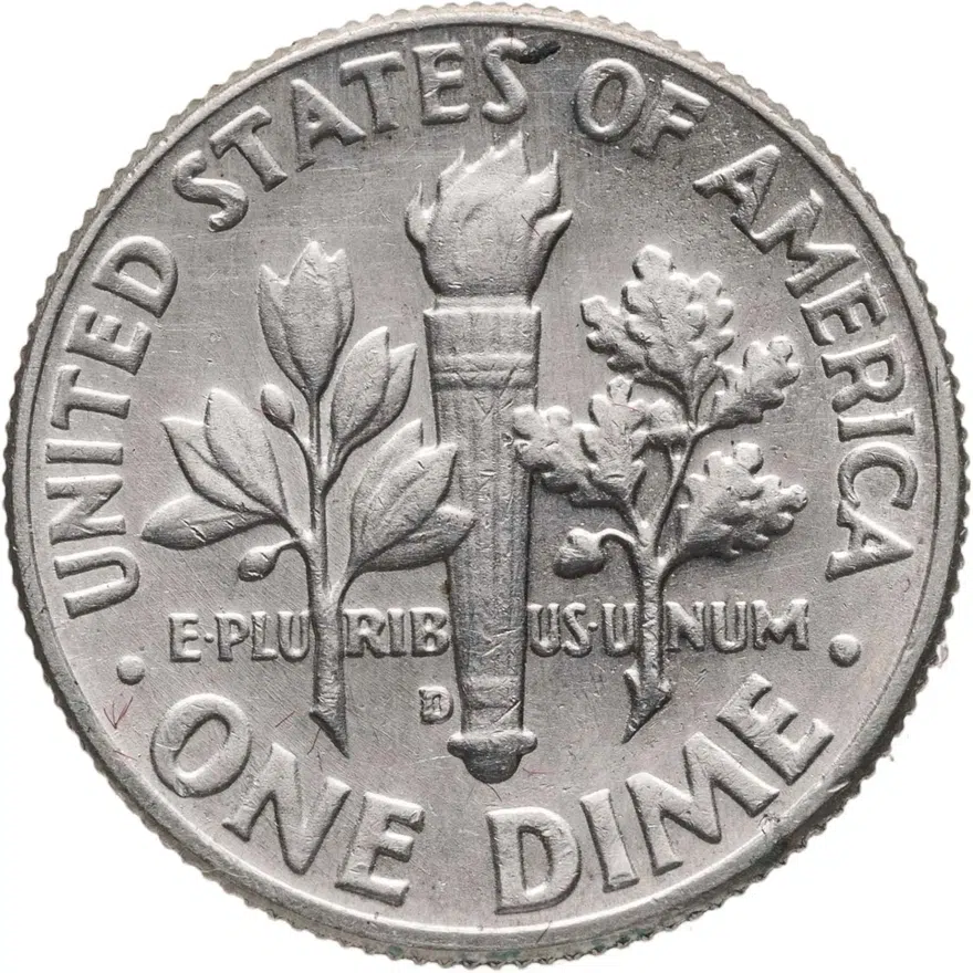 США 10 центов (дайм, one dime) 1964 D Silver Roosevelt Dime (Рузвельт) знак монетного двора "D" - Денвер, аверс