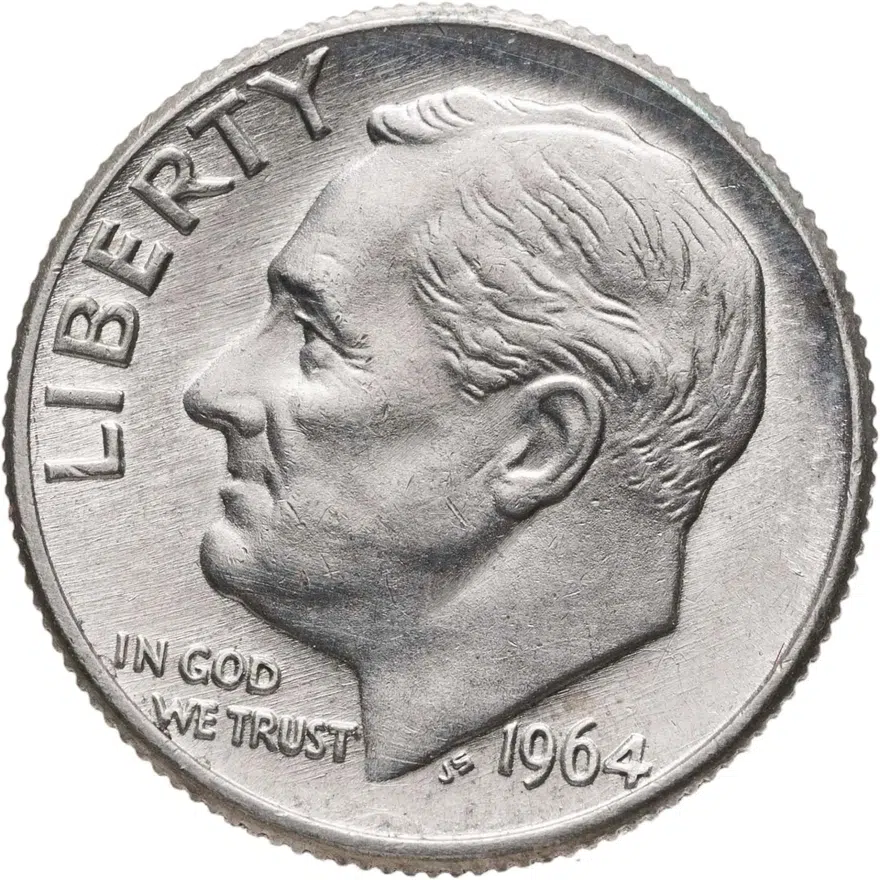 США 10 центов (дайм, one dime) 1964 D Silver Roosevelt Dime (Рузвельт) знак монетного двора "D" - Денвер, реверс