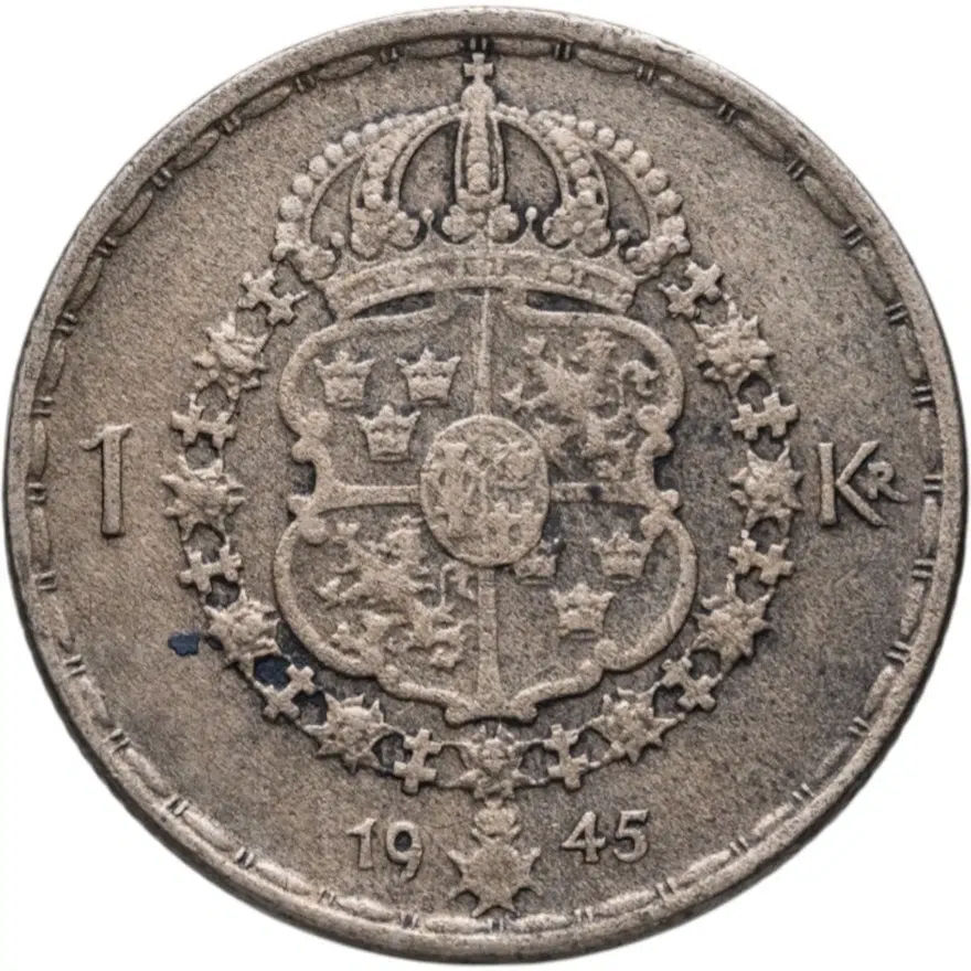 Швеция 1 крона (crown) 1945 знак монетного двора "TS/G", аверс