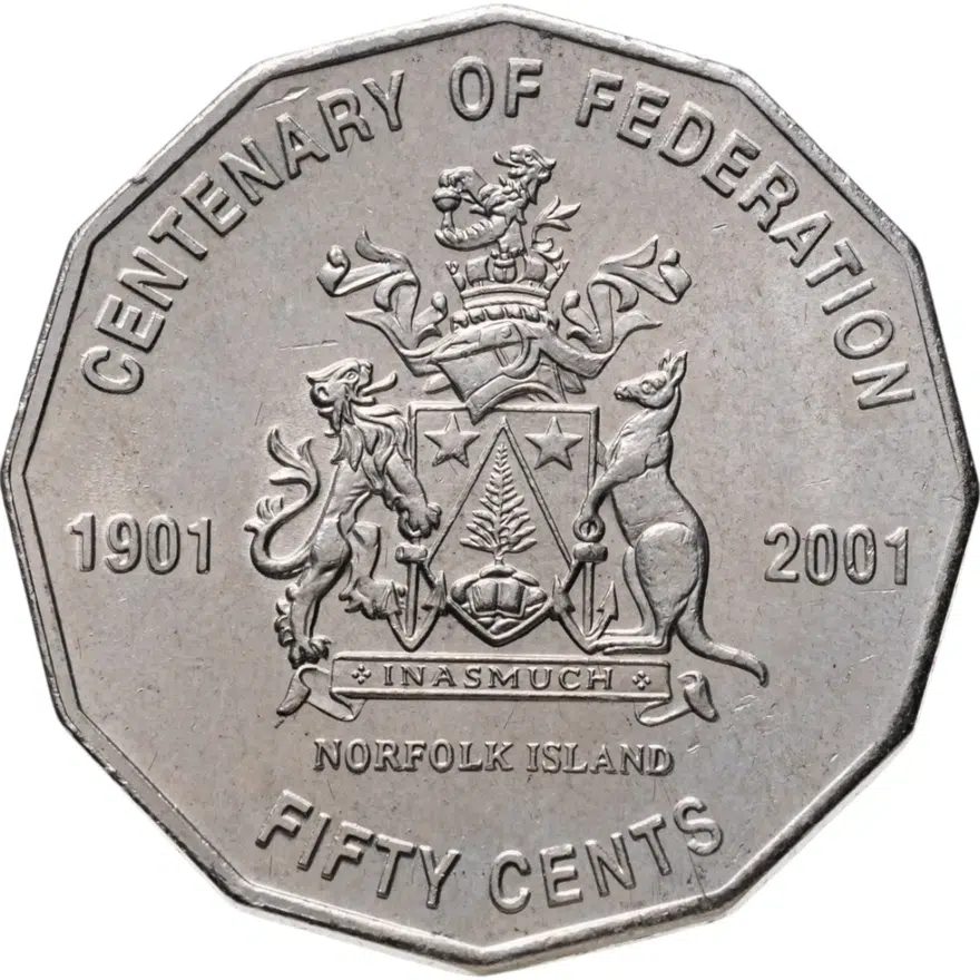 Австралия 50 центов (cents) 2001  Столетие Федерации - Остров Норфолк, аверс