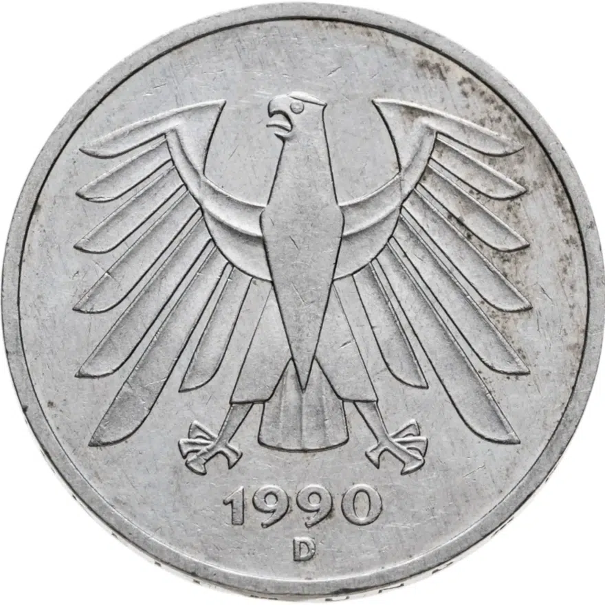 Германия 5 марок 1990 отметка монетного двора "D" - Мюнхен, реверс