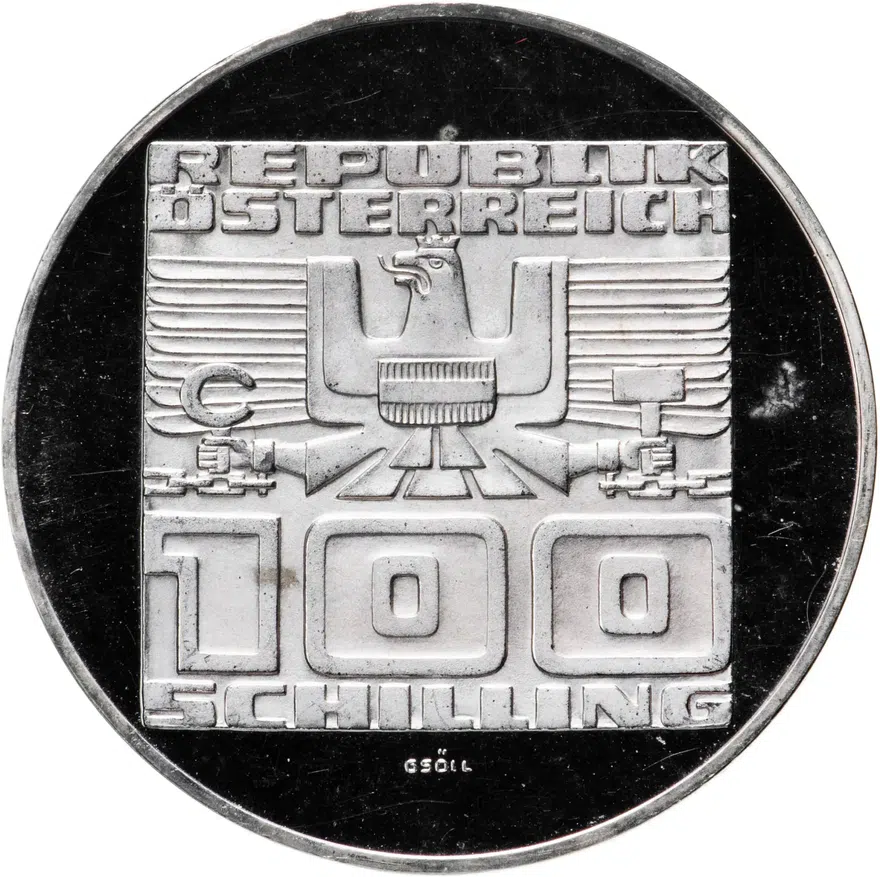 Австрия 100 шиллингов (shillings) 1975 "50 лет шиллингу", реверс