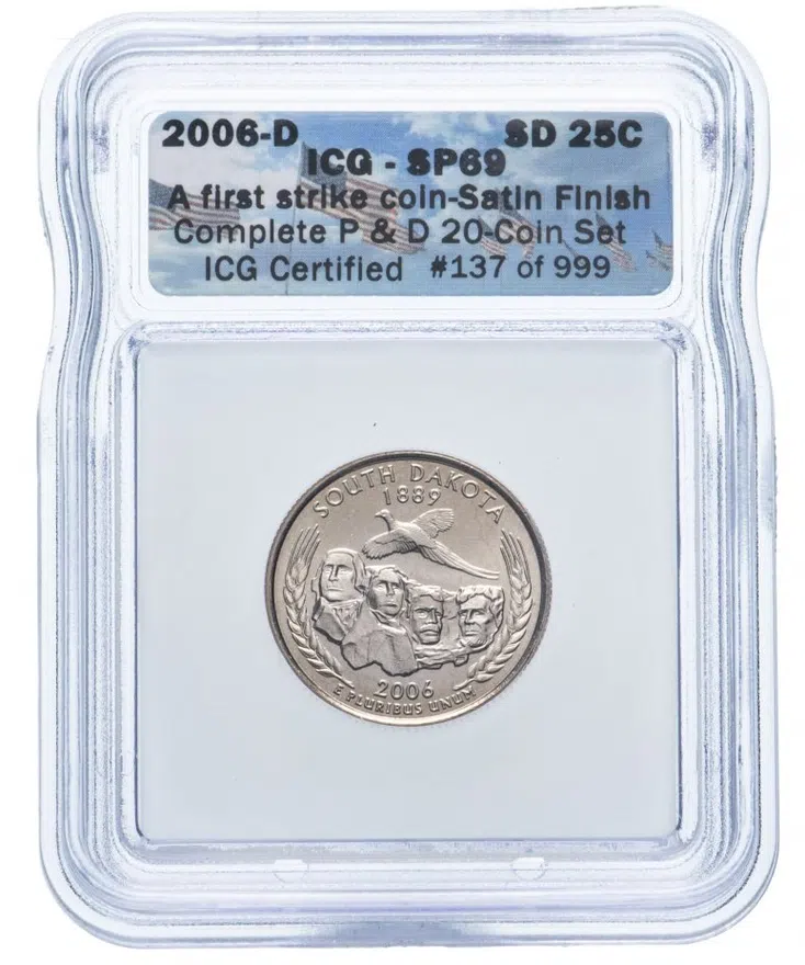США 25 центов (квотер, 1/4 доллара, quarter dollar) 2006 D Квотер штата Южная Дакота в слабе ICG SP69