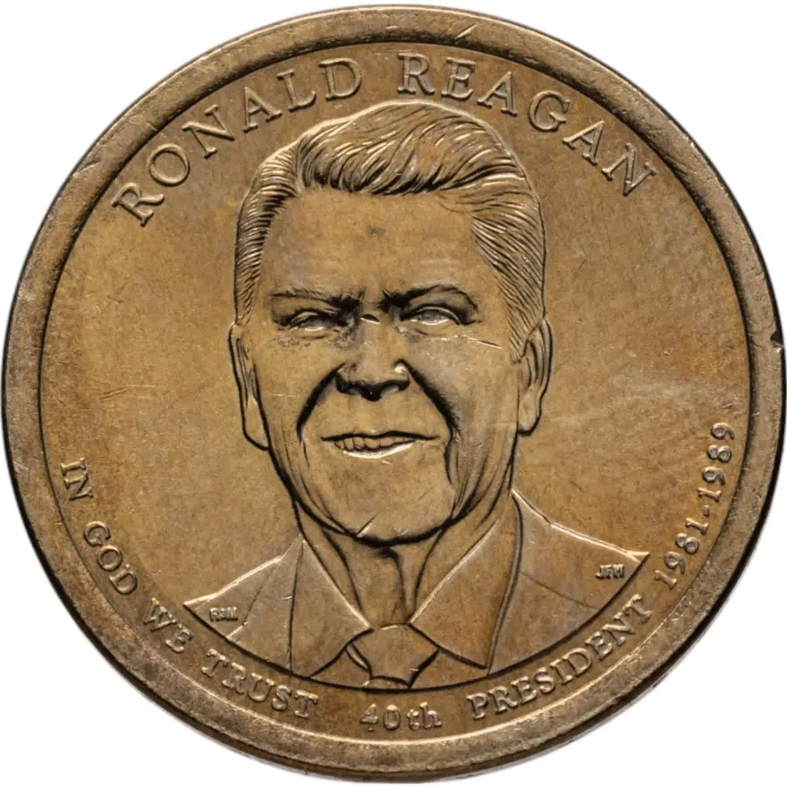 США 1 доллар (dollar) 2016 D Президент США - Рональд Рейган (1981–1989) знак монетного двора: "D" - Денвер, реверс