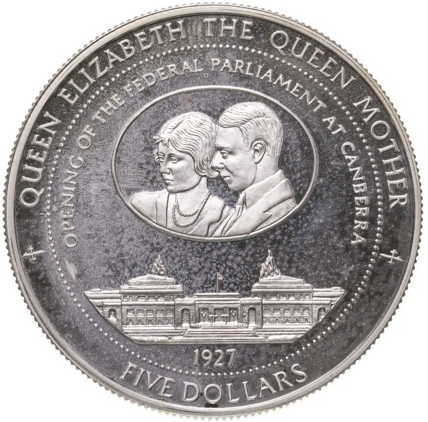 Тувалу 5 долларов (dollars) 1997  Открытие федерального парламента в Канберре, аверс