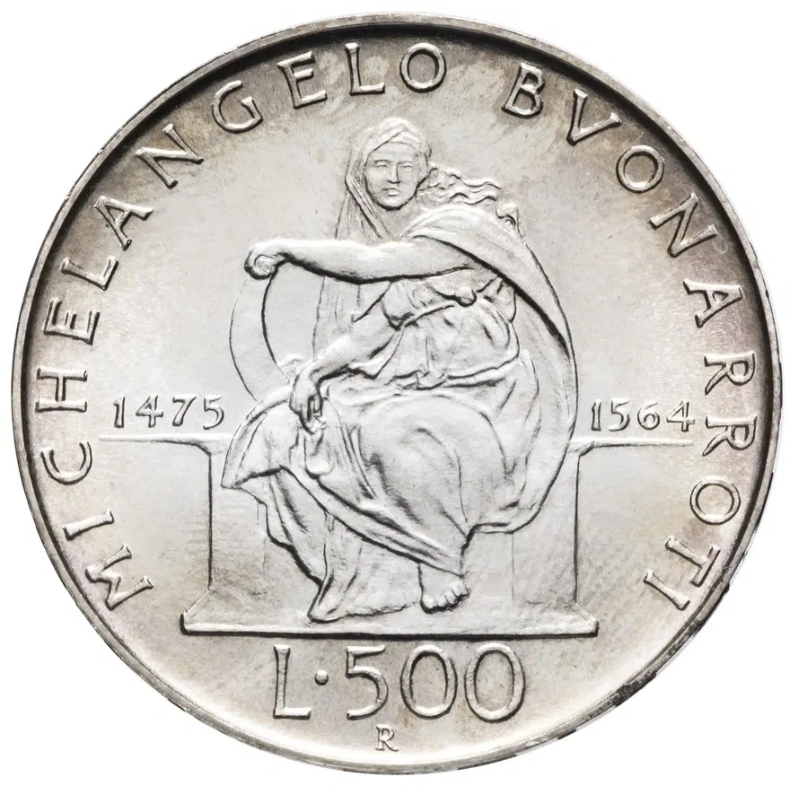 Италия 500 лир (lire) 1975  500 лет со дня рождения Микеланджело Буонарроти
