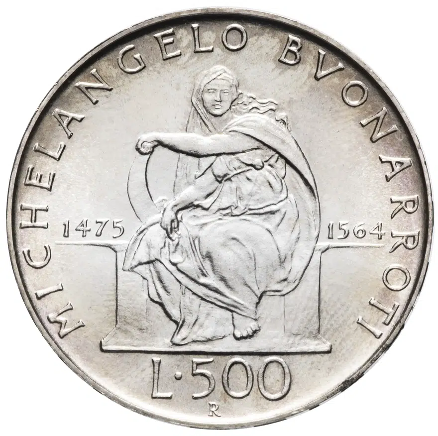 Италия 500 лир (lire) 1975  500 лет со дня рождения Микеланджело Буонарроти, реверс