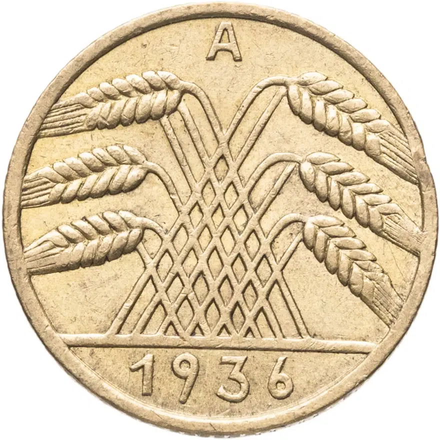 Германия, Третий рейх 10 рейхспфеннигов (reichspfennig) 1936 A  знак монетного двора "A" — Берлин, реверс