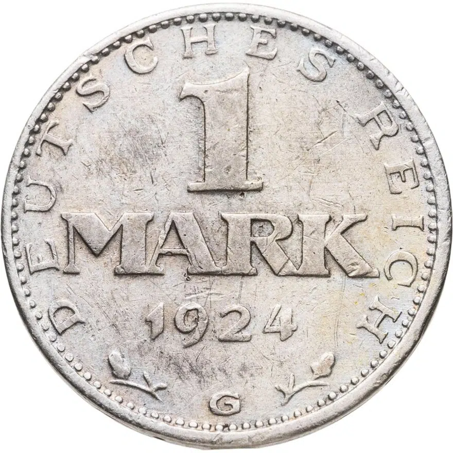 Германия 1 марка (mark) 1924 G  знак монетного двора "G" — Карлсруэ