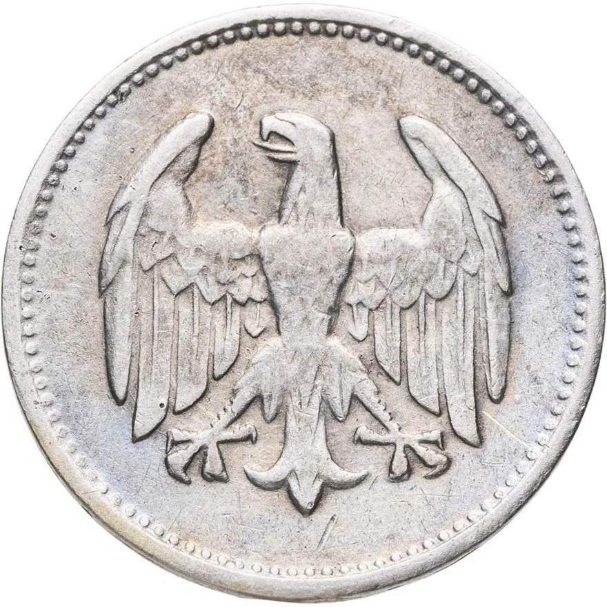 Германия 1 марка (mark) 1924 G  знак монетного двора "G" — Карлсруэ, реверс