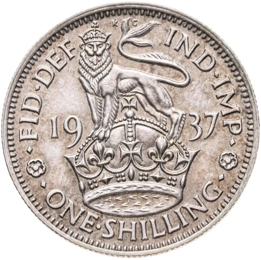 Великобритания 1 шиллинг (shilling) 1937 Английский шиллинг - лев, стоящий на короне, реверс