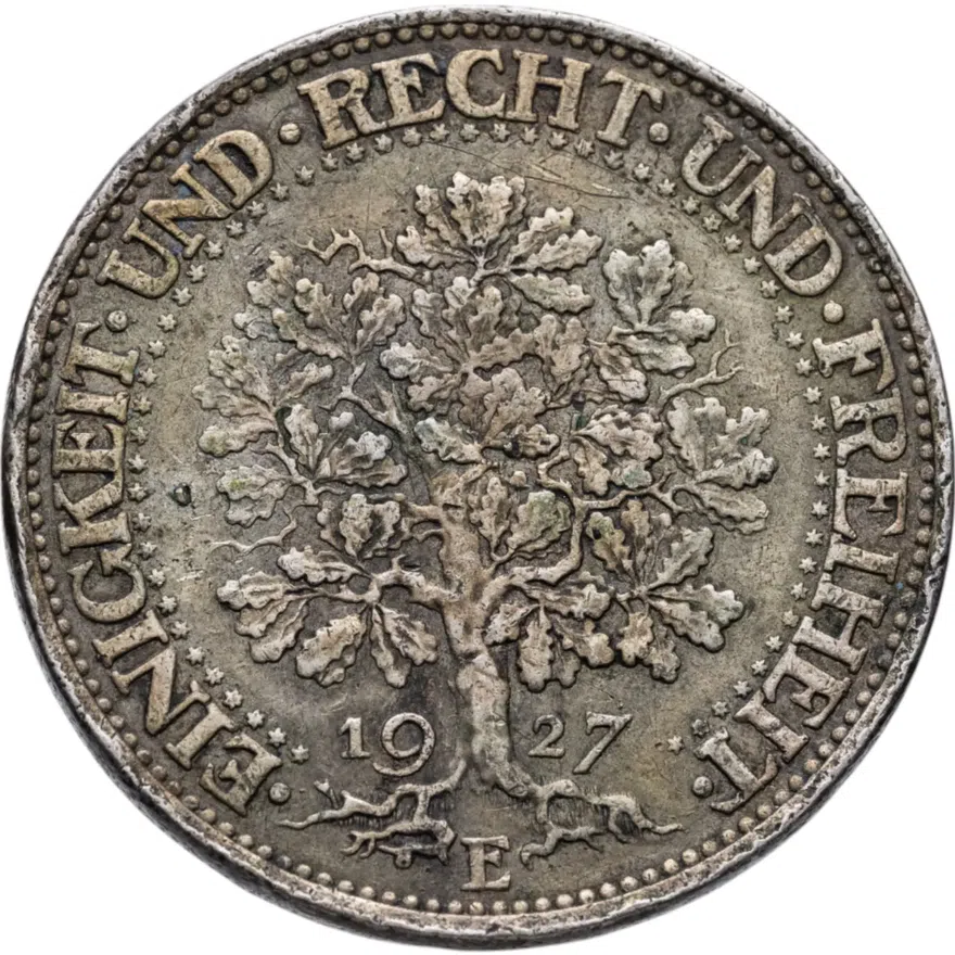 Германия 5 рейхсмарок (reichsmark) 1927 E  знак монетного двора "E" — Мульденхюттен