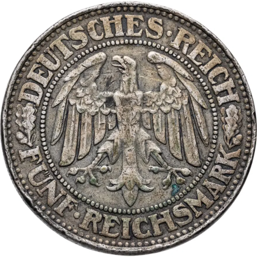 Германия 5 рейхсмарок (reichsmark) 1927 E  знак монетного двора "E" — Мульденхюттен, реверс