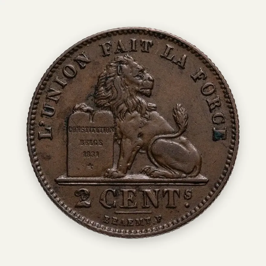 Бельгия 2 сантима (centimes) 1914  Надпись на французском - 'ALBERT ROI DES BELGES', аверс