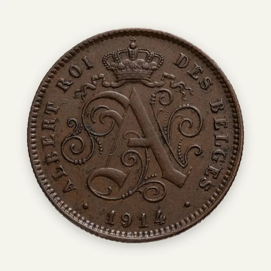 Бельгия 2 сантима (centimes) 1914  Надпись на французском - 'ALBERT ROI DES BELGES', реверс