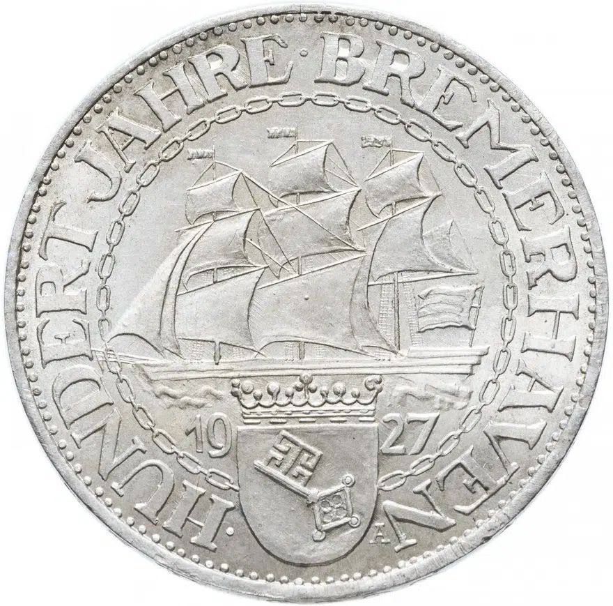 Германия (Веймарская республика) 3 рейхсмарки (reichsmark) 1927 "100 лет Бремерхафену", аверс