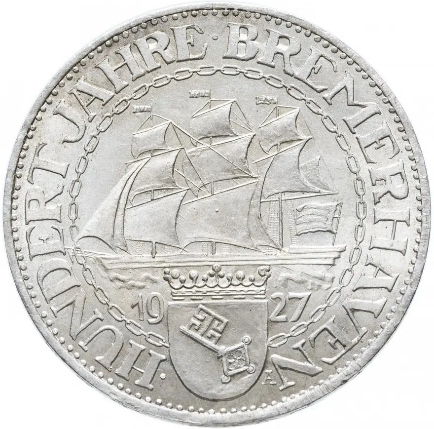 Германия (Веймарская республика) 3 рейхсмарки (reichsmark) 1927 "100 лет Бремерхафену", реверс