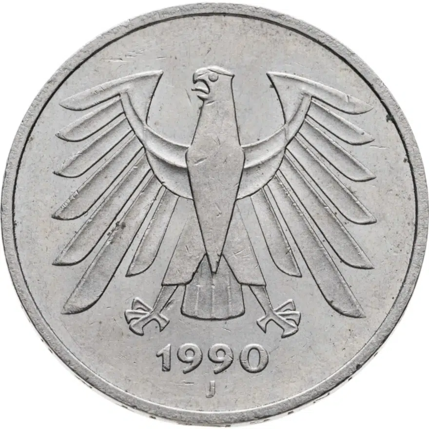 Германия 5 марок 1990 отметка монетного двора "J" - Гамбург, реверс