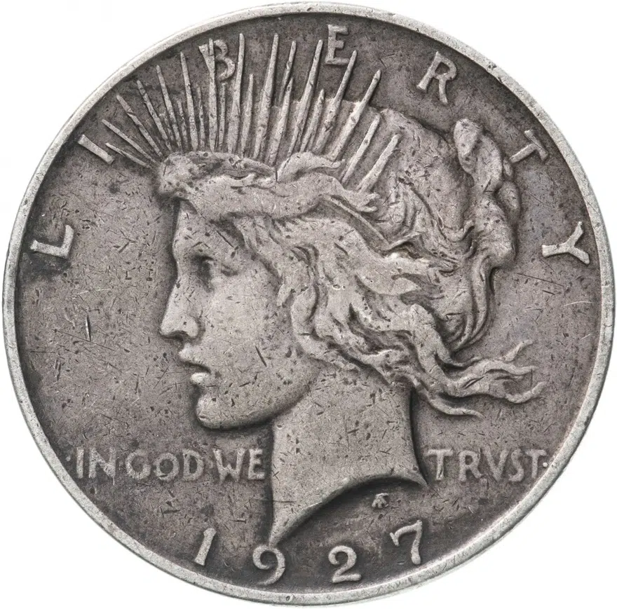 США 1 доллар (dollar) 1927  Peace Dollar (Мирный доллар) без обозначения монетного двора, аверс