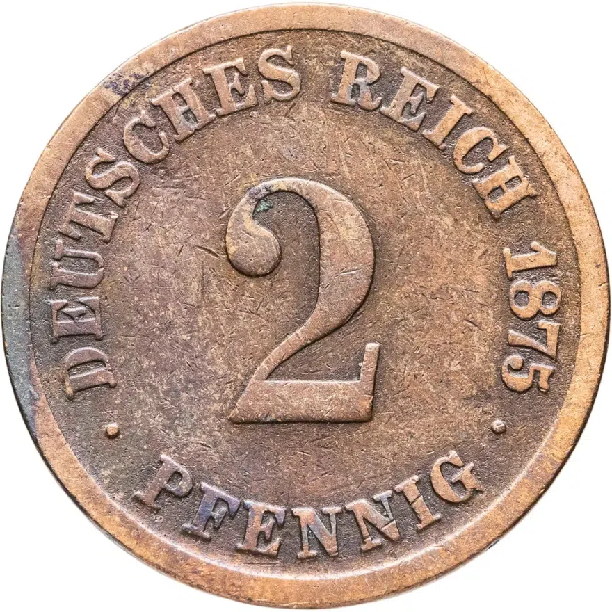 Германия 2 пфеннига (pfennig) 1875 D  знак монетного двора: "D" - Мюнхен