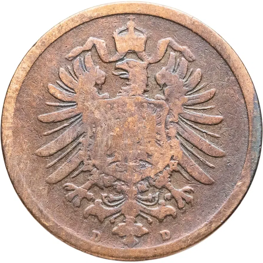 Германия 2 пфеннига (pfennig) 1875 D  знак монетного двора: "D" - Мюнхен, реверс