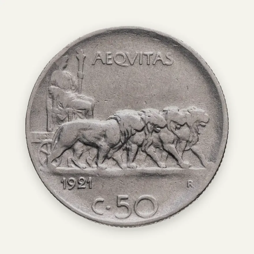 Италия 50 чентезимо (centesimi) 1921   Ребристый гурт, реверс