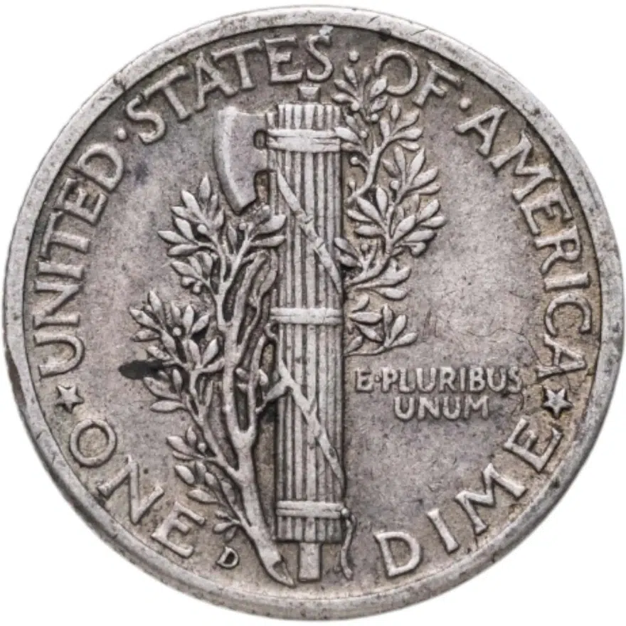 США 10 центов (дайм, one dime) 1940 D Mercury Dime (дайм «Меркурий») знак монетного двора "D" - Денвер