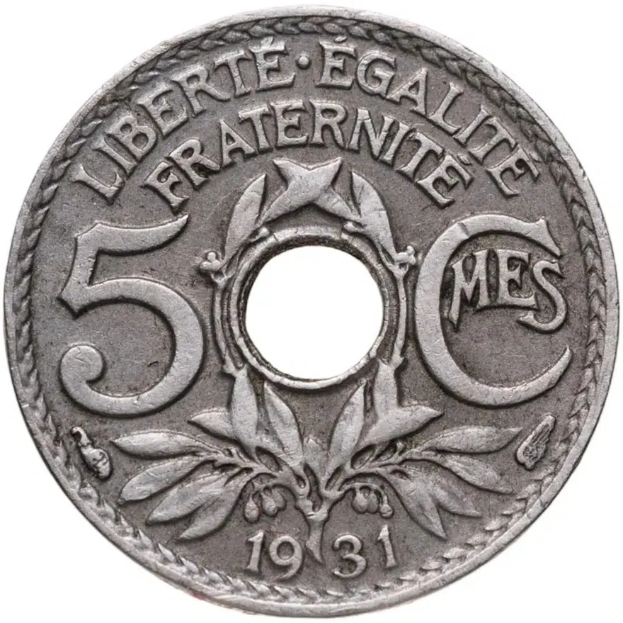 Франция 5 сантимов (centimes) 1931  Новый тип: Отверстие в центре, аверс