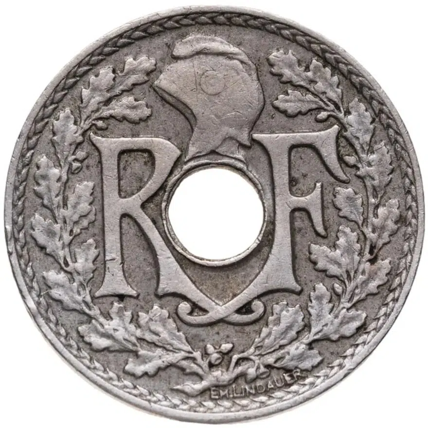 Франция 5 сантимов (centimes) 1931  Новый тип: Отверстие в центре, реверс