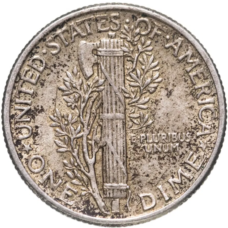США 10 центов (дайм, one dime) 1942  Mercury Dime (дайм «Меркурий») без обозначения монетного двора, аверс