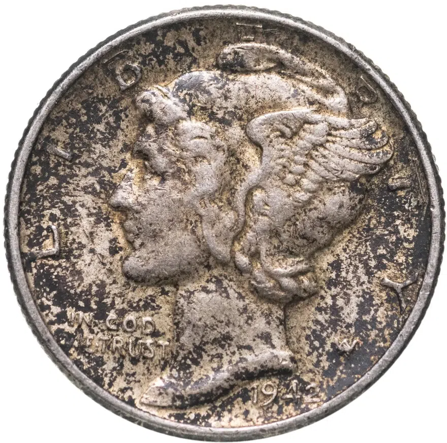 США 10 центов (дайм, one dime) 1942  Mercury Dime (дайм «Меркурий») без обозначения монетного двора, реверс