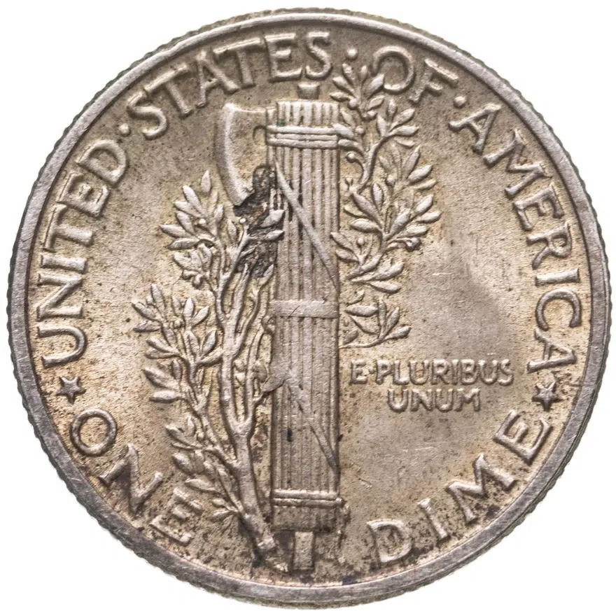 США 10 центов (дайм, one dime) 1945  Mercury Dime (дайм «Меркурий») без обозначения монетного двора